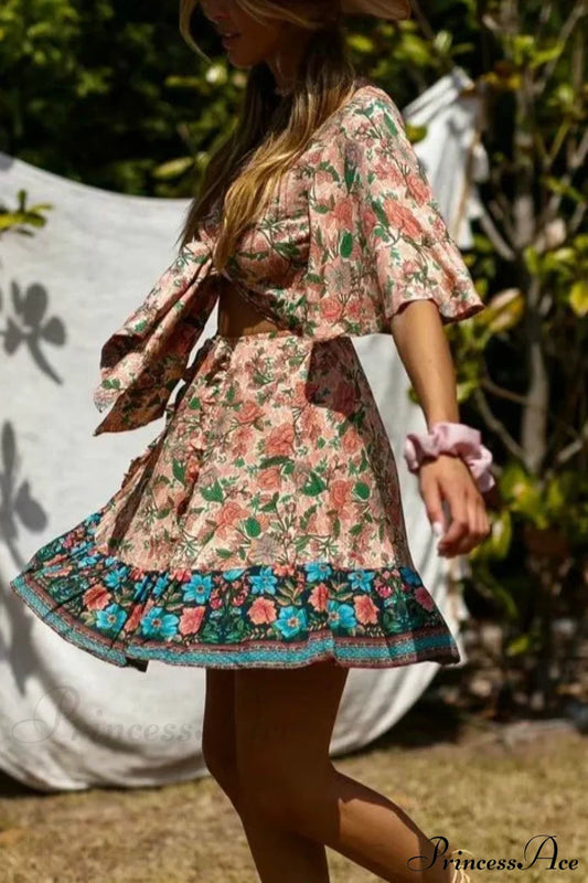 Floral Print Deep V-neck Sashes Batwing Sleeve Bow Mini Boho Dress