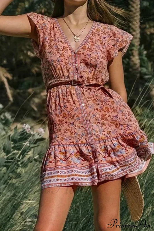 Floral Print Deep V-neck Short Sleeve Vacation Mini Boho Dress