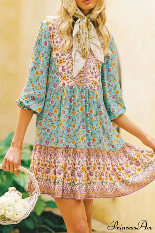 Floral Print Deep V-neck Three Quarter Sleeve Vacation Mini Boho Dress