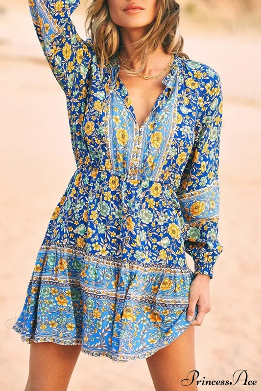 Floral Print Ethnic Long Sleeve V-neck Button Belt Ruffles Mini Boho Dress