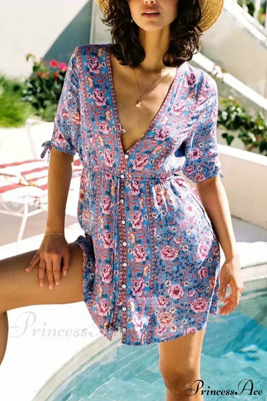 Floral Print Lace-up Front Button Mini Summer Boho Dress