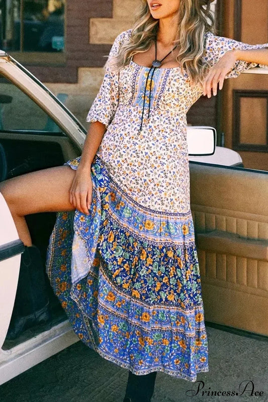 Floral Print Long Sleeve Sashes Fold O-neck Boho Dress