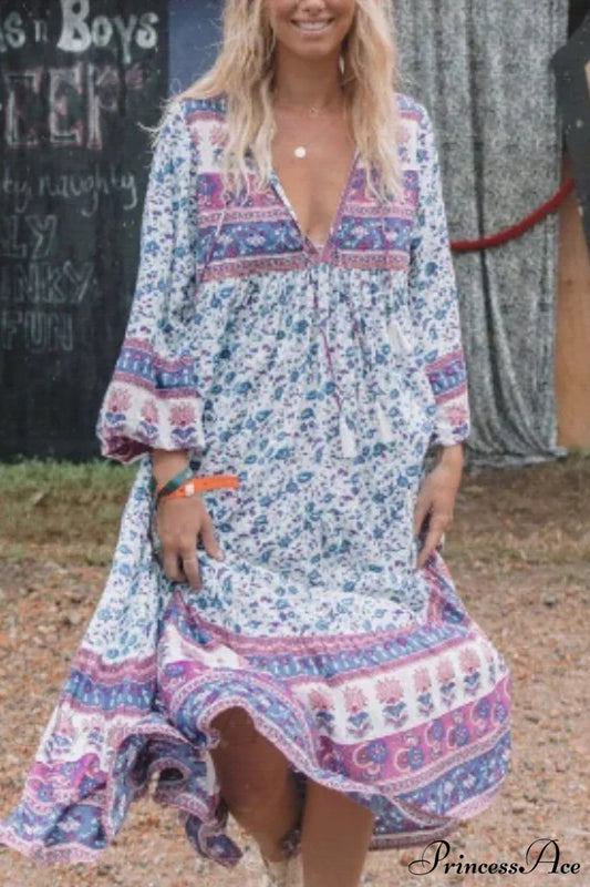 Floral Print Long Sleeve Tassel Loose V-neck Rayon Boho Midi Dress