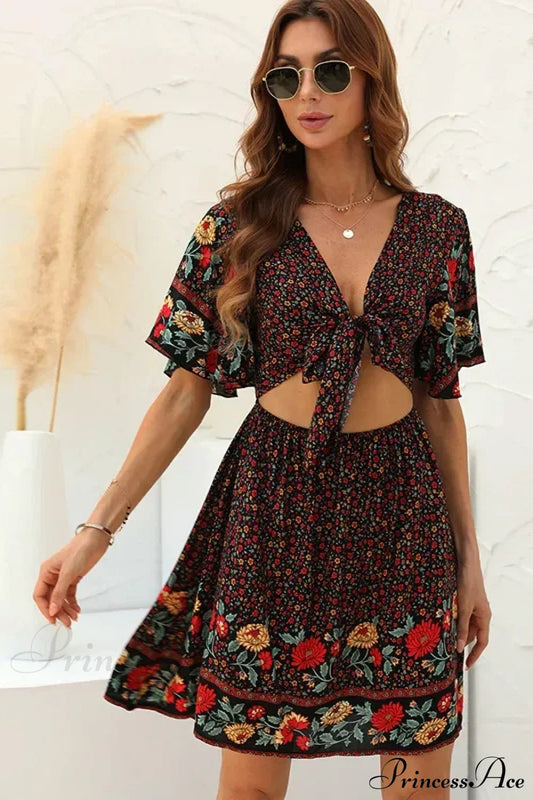 Floral Print Rayon Cotton Deep V-neck Hollow Out Mini Boho Dress