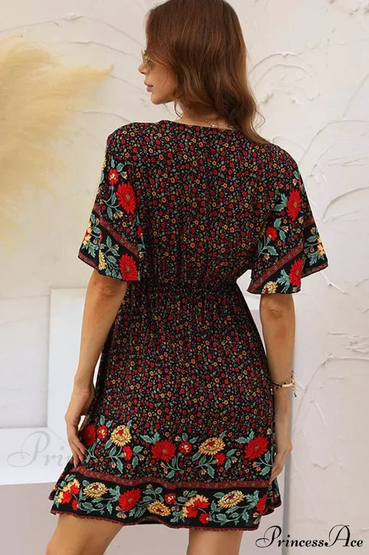 Floral Print Rayon Cotton Deep V-neck Hollow Out Mini Boho Dress
