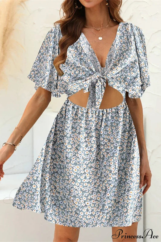 Floral Print Rayon Deep Bow Neck Short Sleeve Sexy Hollow Out Mini Boho Dress