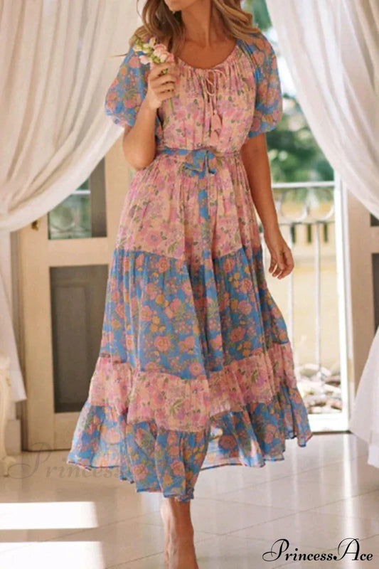 Floral Print Short Sleeve O-neck Sashes Tassel Boho Dress
