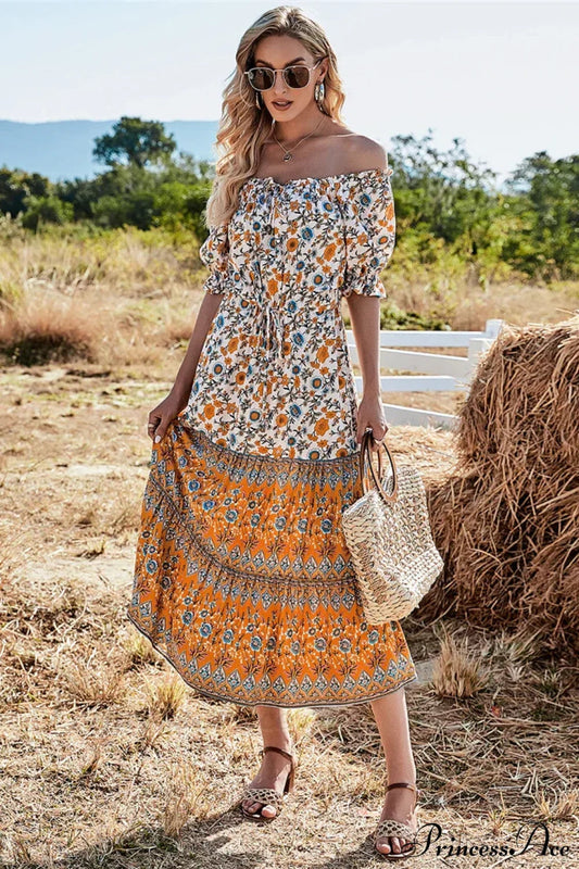 Floral Print Short Sleeve Off Shoulder Maxi Boho Dress