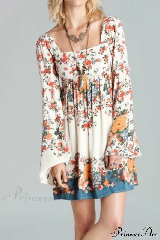 Floral Print Short Sleeve Ruffles Square Collar Mini Boho Dress