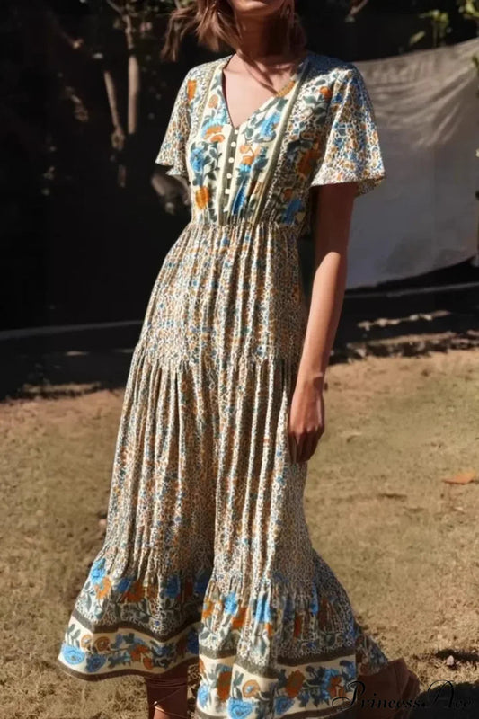 Floral Print Single Breasted V-neck Short Sleeve Summer Maxi Boho Dress