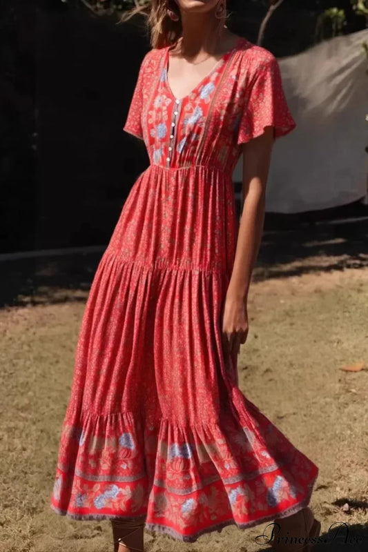 Floral Print Single Breasted V-neck Short Sleeve Summer Maxi Boho Dress
