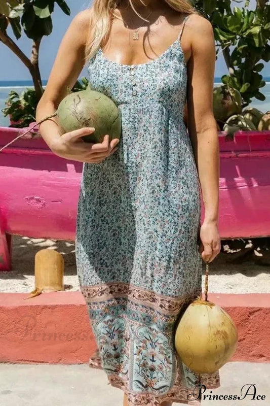 Floral Print Sleeveless Strap Rayon Cotton Midi Boho Dress