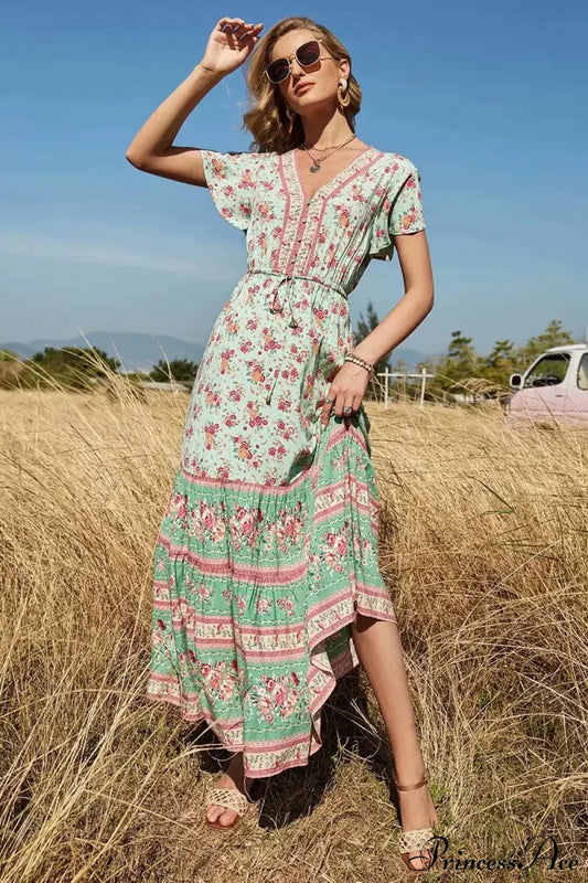 Floral Print V-neck Button Pleated Rayon Boho Dress