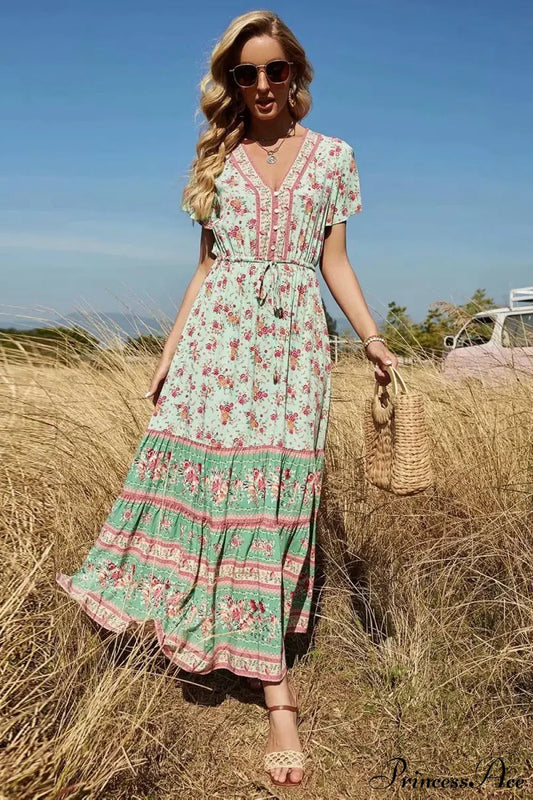 Floral Print V-neck Button Pleated Rayon Boho Dress