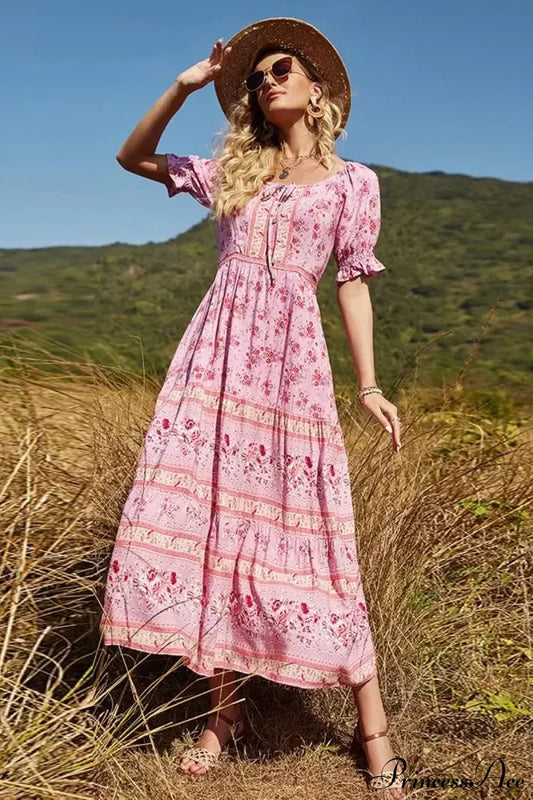 Floral Print V-neck Button Pleated Rayon Boho Dress