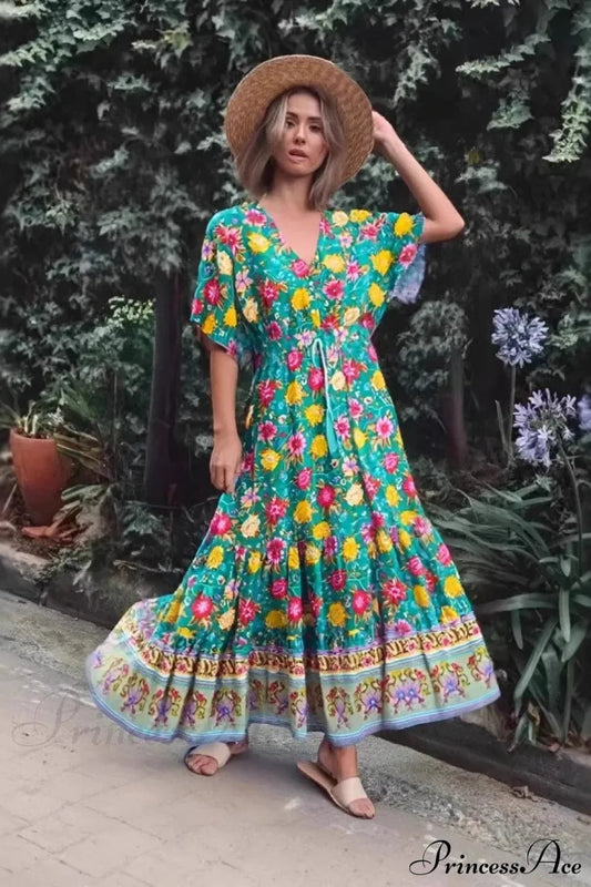 Floral Print V-neck Tassel Loose Beach Maxi Boho Dress