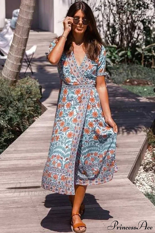 Floral Short Sleeve Sashes Boho Dress