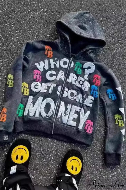 Foam Letter Print Hip-Hop Zip Hoodie
