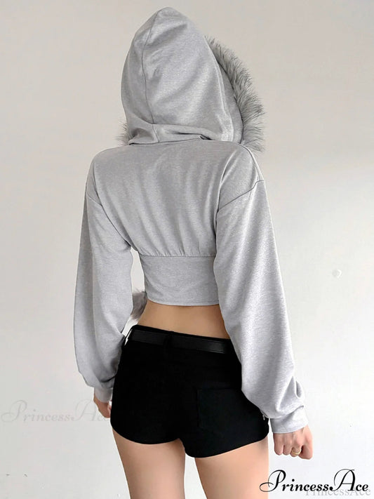 Fuzzy Collar Long Sleeve Cropped Waist-Tied Hoodie