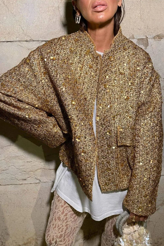 Gold 3D Sequin Embroidered Wool Blend Pocket Coat