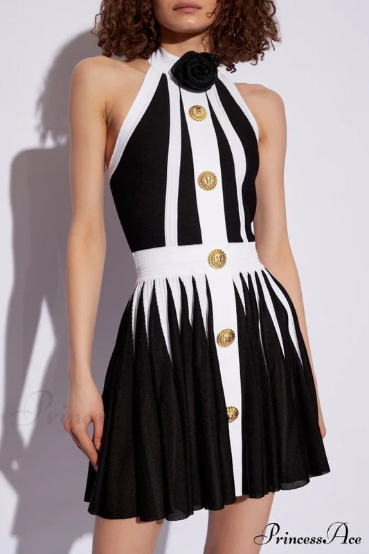 Golden Buttons Patchwork Party Dress