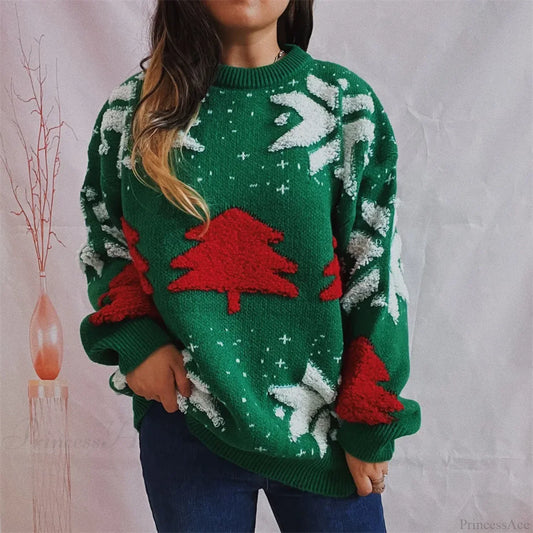 Green Fashion Tree Embroidery Knitted Pullover Casual Loose Retro Christmas Sweater / S Sweaters-L