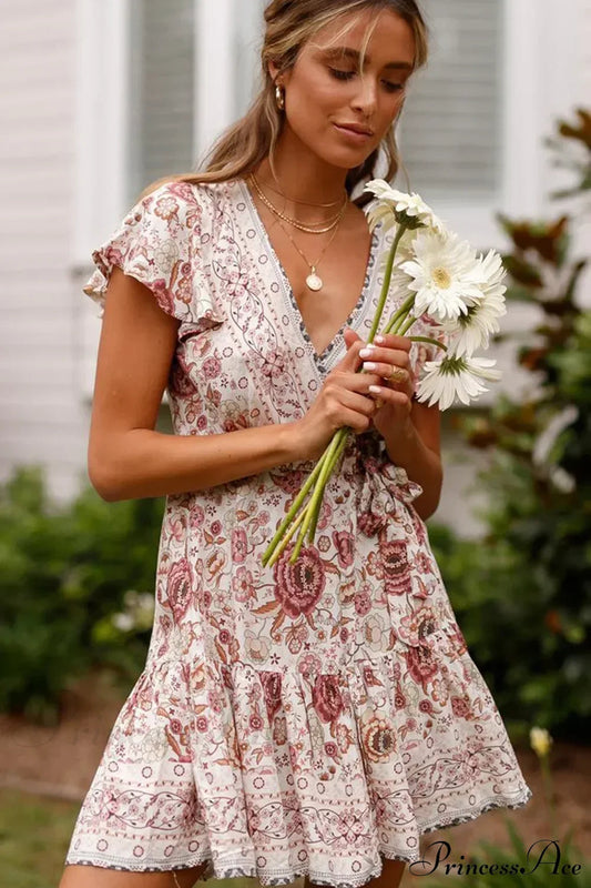 Green Floral Deep V-neck Boho Sundress