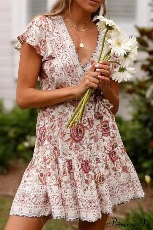 Green Floral Deep V-neck Boho Sundress