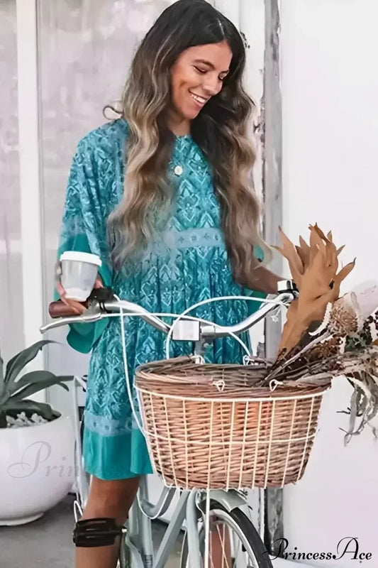 Green Floral Print Loose O-neck Batwing Sleeve Mini Boho Dress