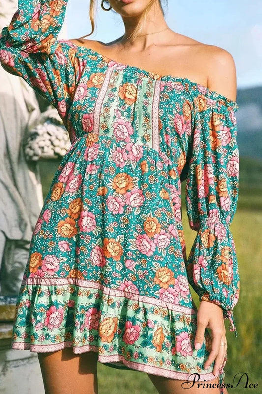 Green Floral Print Off Shoulder Long Sleeve Vacation Mini Boho Sundress