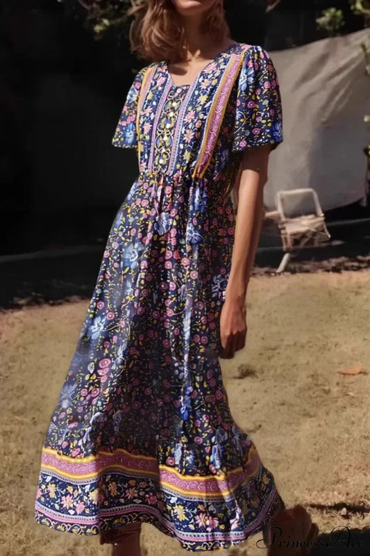 Green Floral Print Ruffles Sleeve Tassel V-neck Rayon Maxi Boho Dress