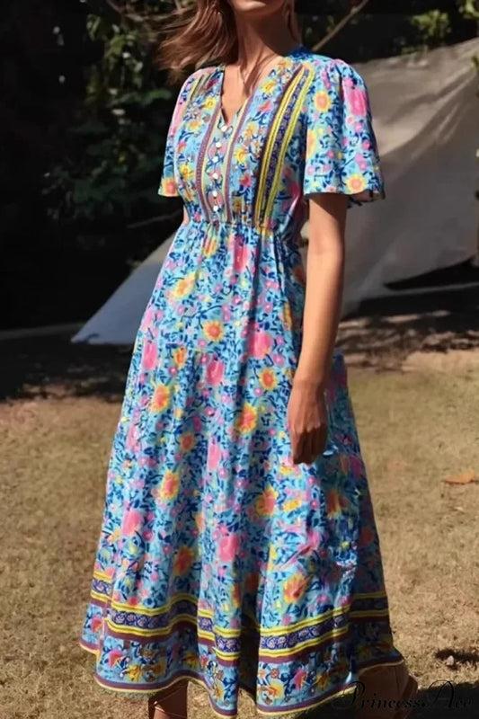 Green Floral Print Ruffles Sleeve Tassel V-neck Rayon Maxi Boho Dress