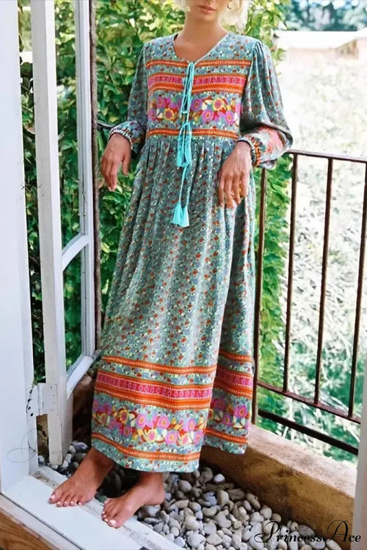 Green Floral Print Tie Neck Rayon Cotton Long Sleeve Ethnic Maxi Boho Dress