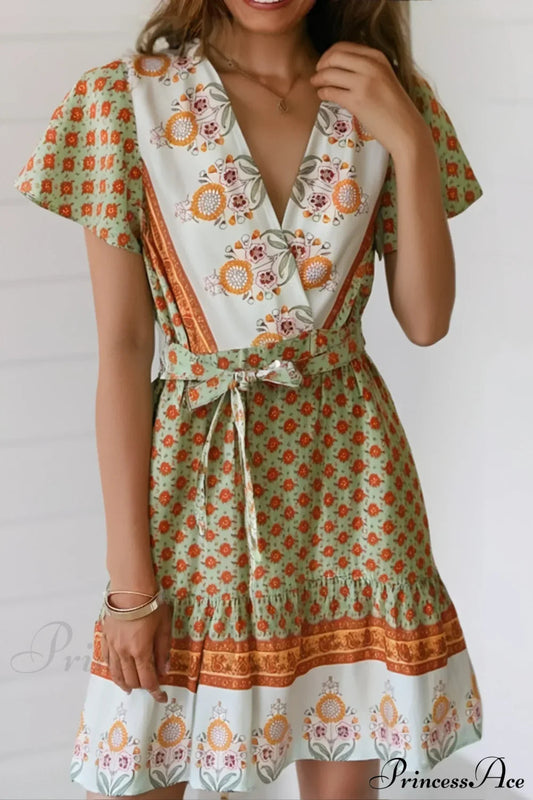 Green Floral Print Wrap Short Sleeve Vacation Mini Boho Dress