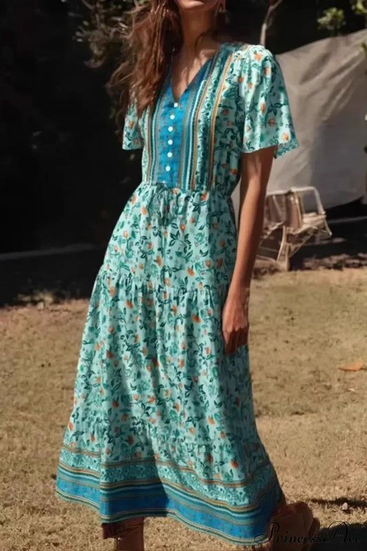 Green Floral Ruffles Sleeve Boho Dress