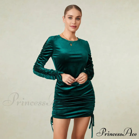 Green Velvet Bodycon Long Sleeve Crew Neck Wrap Mini Drawstring Christmas Party Dress