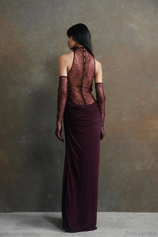 Halter Lace Paneled Deep V Ruched Evening Dress