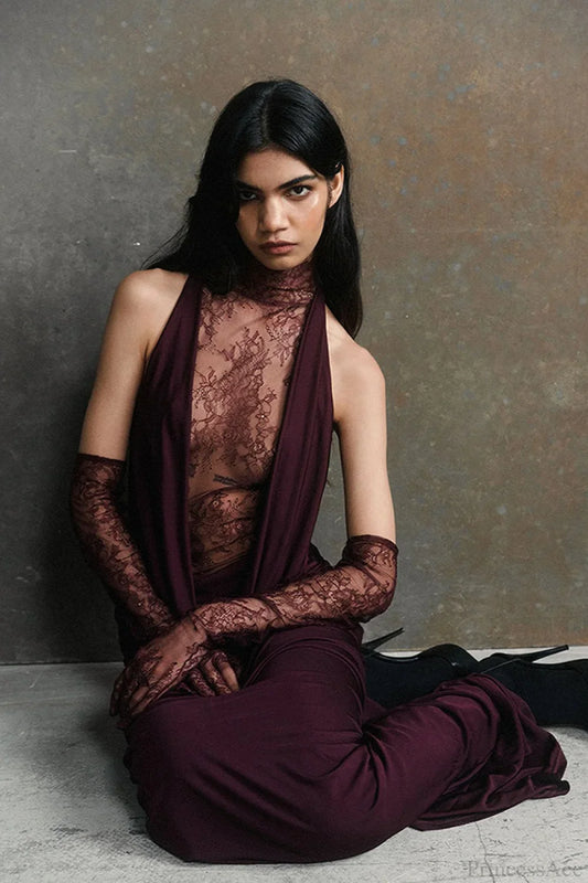 Halter Lace Paneled Deep V Ruched Evening Dress