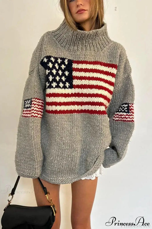 Harajuku Retro shop Flag High Neck Sweater