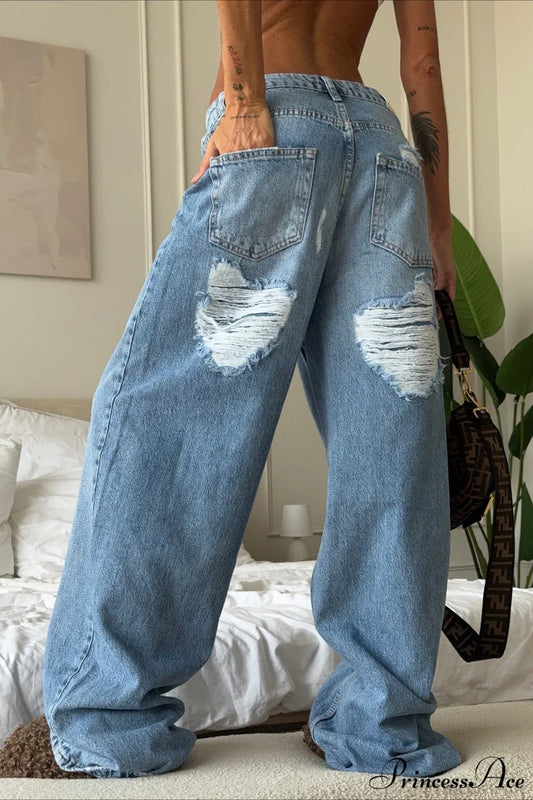 Heart Distressed Low Waist Wide Leg Straight Jeans
