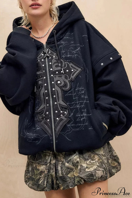 Heavy Metal Punk Printed Applique Zip Hoodie