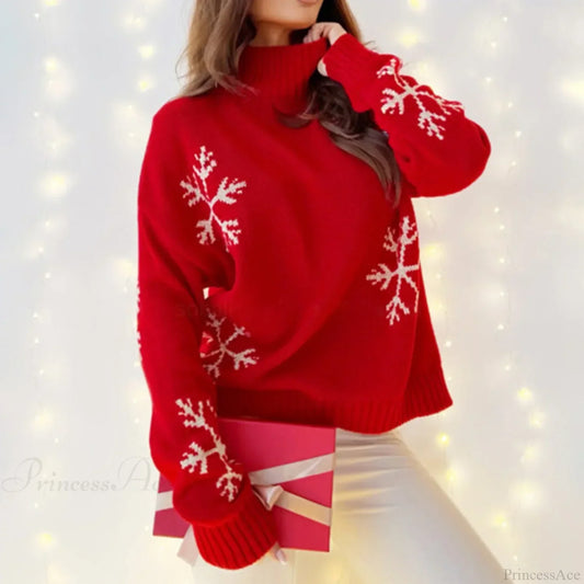 High Collar Snowflake Print Loose Fit Long Sleeve Knit Christmas Sweater Sweaters-L