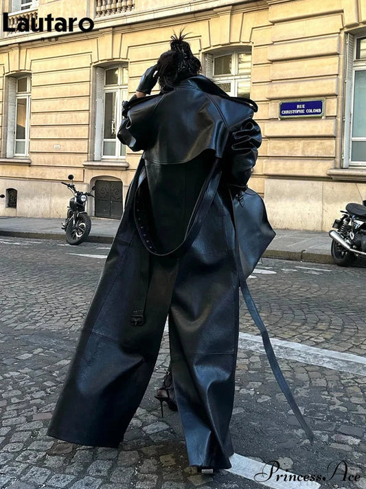 High Slit Black PU Leather Overcoat