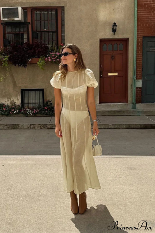 High Waisted Sheer Puff Sleeve Sleek Maxi Dress