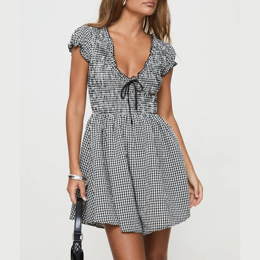 Gingham Smocked Babydoll Mini Dress