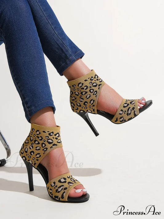 Hot Spring Summer Designer Knitted Open Toe Sexy Party Leopard Print Stilettos High Heel