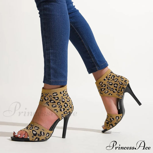 Hot Spring Summer Designer Knitted Open Toe Sexy Party Leopard Print Stilettos High Heel