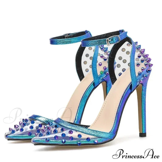 Hot Sexy Colorful Rivet Transparent Pvc Pumps Pointed ToeBuckle Strap Cover Heel Ladies Party High Heel