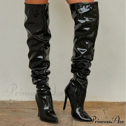 Modern Patent Leather Over-the-knee Boots with Elastic Detail