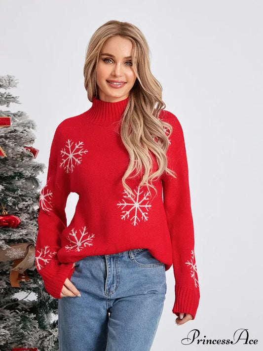 Jacquard Snowflake Long Sleeve TurtleNeck Loose Knit Christmas Sweater